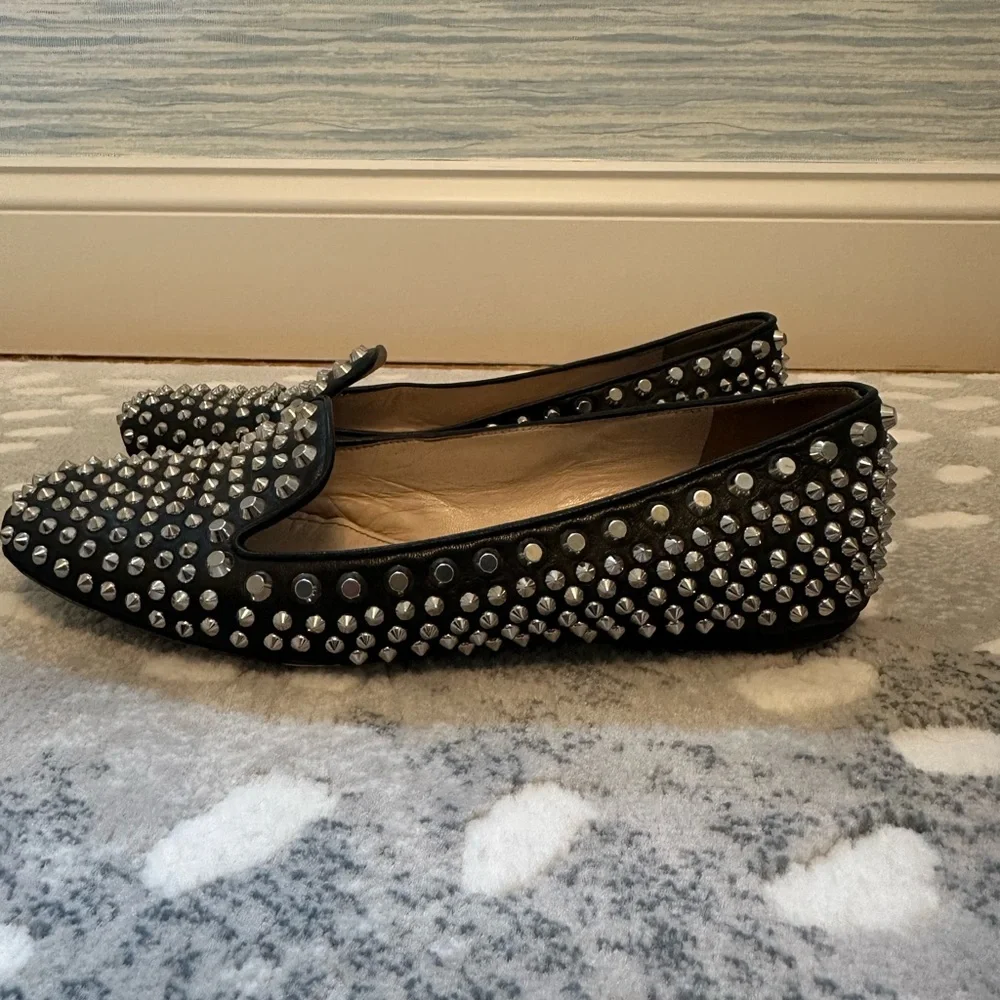 Prada Black Leather Studded Flat Loafers, 37.5 - Picture 3 of 5